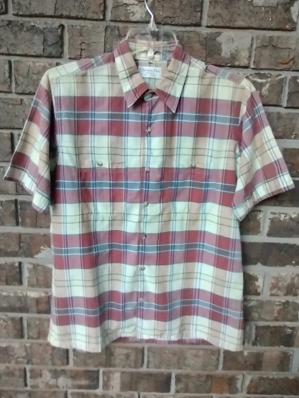 VTG Christian Dior Monsieur Short Sleeve Button Up Shirt Mens L Red Plaid Casual
